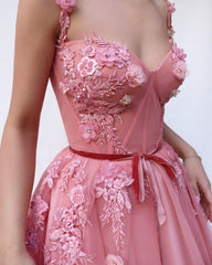 Spaghetti-straps A-Line Tulle Party Dresses | Sleeveless Appliques Flower Prom Dresses