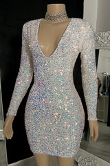 Sparking V-neck Long Sleeves Mini Prom Dress With Beading