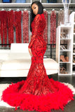 Sparkle Appliques Long Sleeve Mermaid Red Prom Dresses with Feather BC4126