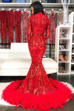 Sparkle Appliques Long Sleeve Mermaid Red Prom Dresses with Feather BC4126