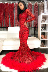 Sparkle Appliques Long Sleeve Mermaid Red Prom Dresses with Feather BC4126