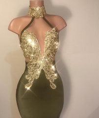 Sparkle Gold Appliques Sexy Prom Dress on Mannequins | Mermaid Ruffles Halter Evening Gowns BC0988