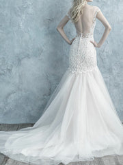 Sparkle & Shine Mermaid Wedding Dress V-neck Lace Tulle Cap Sleeve Sexy Backless Bridal Gowns with Sweep Train