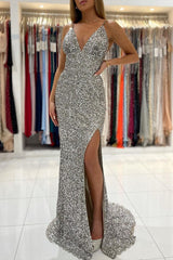 Sparkle V Neck Sleeveless Silver Crystal Mermaid Split Prom Dresses