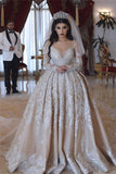 Sparkling Beads Crystal V-neck Ball Gown Wedding Dresses | Backless Sheer Tulle Long Sleeve Bridal Gowns