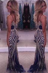 Sparkling Crystal Spaghetti Evening Gown Straps Mermaid Zipper Glamorous Prom Dress