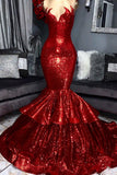 Sparkling Sequins Mermaid Tiered Sleeveless Sexy Red Prom Dresses on Mannequins