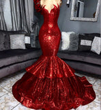 Sparkling Sequins Mermaid Tiered Sleeveless Sexy Red Prom Dresses on Mannequins