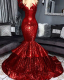 Sparkling Sequins Mermaid Tiered Sleeveless Sexy Red Prom Dresses on Mannequins