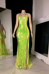 Sparkling V-neck Spaghetti Strap Split Front Mermaid Prom Dress