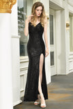 Sparkly Black Sequins Spaghetti Straps V-Neck Affordable Prom Dress