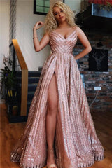 Sparkly Champagne Pink Sequins Prom Dresses | Sexy Split Spaghetti Straps Evening Gowns BC0364