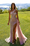 Sparkly One Shoulder Sequins Mermaid Prom Dress with Detachable Side Tail