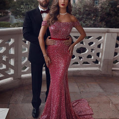 Sparkly Sequined Off-Shoulder Mermaid Prom Dress On Sale