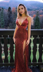 Split-Side Sequins Spaghetti-Straps Sexy Prom Dresses