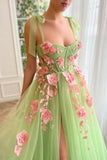 Stinning Spaghetti-Straps Sleeveless Long soft net Prom Dress Slit Front