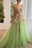 Stinning Spaghetti-Straps Sleeveless Long soft net Prom Dress Slit Front