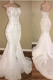 Strapless Lace Appliques Wedding Dresses | Memraid Sleeveless White Bridal Gowns Online