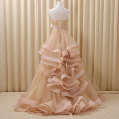 Strapless Lace-Up Organza Evening Dresses Tiered Flower Elegant Prom Gowns