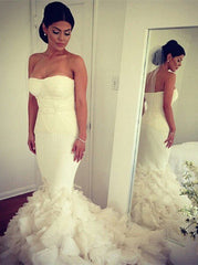 Strapless Mermaid Sexy Bridal Gowns Tiered Organza Wedding Dresses