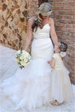 Strapless Ruffles Wedding Dresses Mermaid Open Back Sheath Bride Dress with Crystals Belt