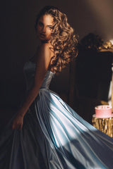 Strapless Sleeveless A-Line Satin Floor-Length Prom Dresses with Ruffles