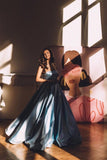 Strapless Sleeveless A-Line Satin Floor-Length Prom Dresses with Ruffles