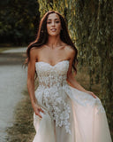 Strapless Sweetheart A-Line Court Train Appliques Lace Wedding Dresses