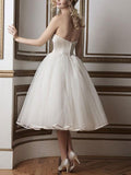 Strapless Sweetheart Tulle Ivory Tea-Length Wedding Dresses