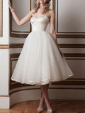 Strapless Sweetheart Tulle Ivory Tea-Length Wedding Dresses