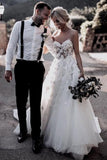 Strapless Tulle White Lace Appliques A-Line Wedding Dresses