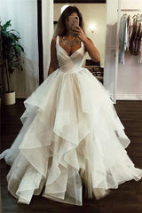 Straps A-line Fashionable Ruffles V-neck Wedding Dress