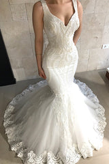 Straps Mermaid Beads Appliques Wedding Dresses | Sleeveless Tulle Lace Bridal Gowns