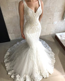 Straps Mermaid Beads Appliques Wedding Dresses | Sleeveless Tulle Lace Bridal Gowns