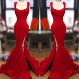 Straps Red Mermaid Sexy Split Prom Dresses | Square Neckline Sleeveless Online Evening Gowns