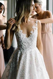 Straps V-neck Floral Beads A-line Wedding Dress