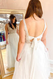 Stunning A-Line Tulle Deep V-neck Open Back Spaghetti Straps Wedding Dress