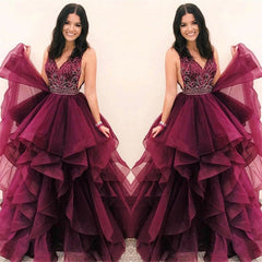 Stunning Burgundy Asymmetrical V-Neck Sleeveless Prom Dresses | A-Line Appliques Floor-Length Evening Gown