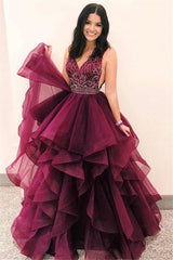 Stunning Burgundy Asymmetrical V-Neck Sleeveless Prom Dresses | A-Line Appliques Floor-Length Evening Gown