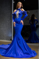 Stunning Halter Royal Blue Evening Party Dress Satin Mermaid Prom Dress