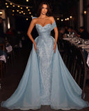 Stunning Long Blue A-line Off-the-shoulder Sleeveless Sequined Prom Dress With Detachable Train