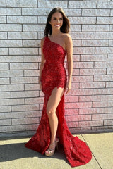 Stunning Long Red One Shoulder Formal Wears Glitter Lace Prom Dresses With Split Online