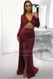 Stunning Long Sleeves Front Split V-Neck Prom dresses | Mermaid Burgundy Prom Gown On Sale