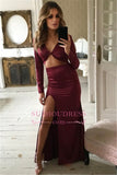 Stunning Long Sleeves Front Split V-Neck Prom dresses | Mermaid Burgundy Prom Gown On Sale