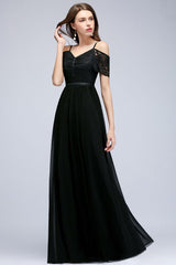 Stunning Off-the-shoulder Sleeveless Long Elegant Bridesmaid Dresses Chiffon Lace V-Neck Prom Dress