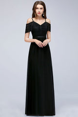 Stunning Off-the-shoulder Sleeveless Long Elegant Bridesmaid Dresses Chiffon Lace V-Neck Prom Dress