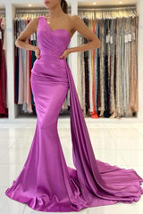 Stunning One Shoulder Slim Satin Mermaid Evening Dress with Sweep Train