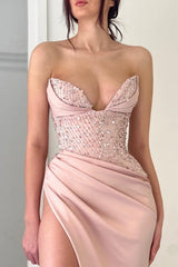 Stunning Peach V-neck Mermaid Formal Wears Long Classy Prom Dresses With Split Online