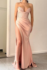 Stunning Peach V-neck Mermaid Formal Wears Long Classy Prom Dresses With Split Online