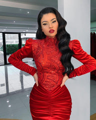 Stunning Red Velvet High Neck Mermaid Prom Dress Long Sleeves